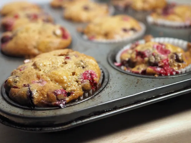 Blueberry muffins in a baking tray
